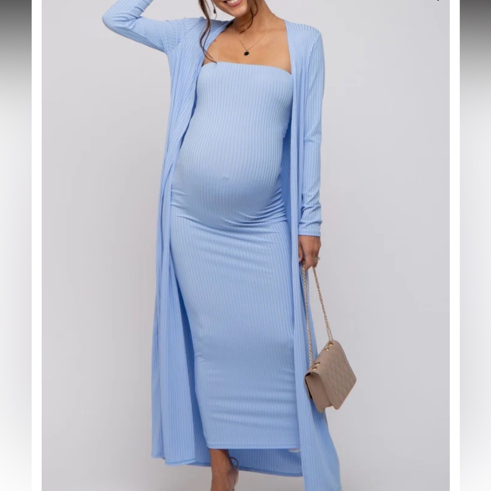 Light Blue Ribbed Sleeveless Dress Cardigan Maternity Set
